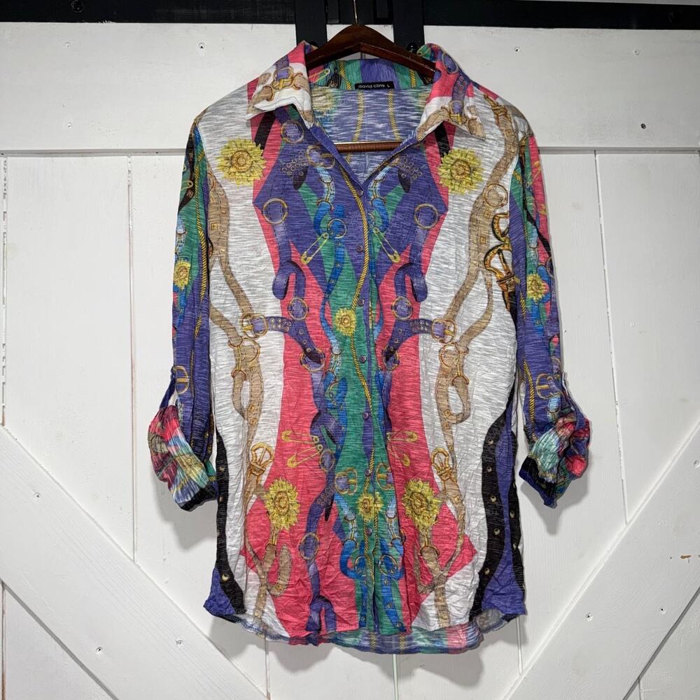 David Cline Shirt Women’s Large Button Equestrian Chain Print Long Sleeve Shirt